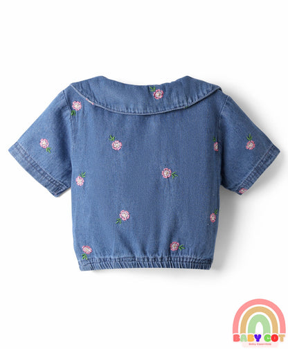 100% Cotton Half Sleeves Peter Pan Collar Top & Shorts Set with Floral Embroidery - Blue