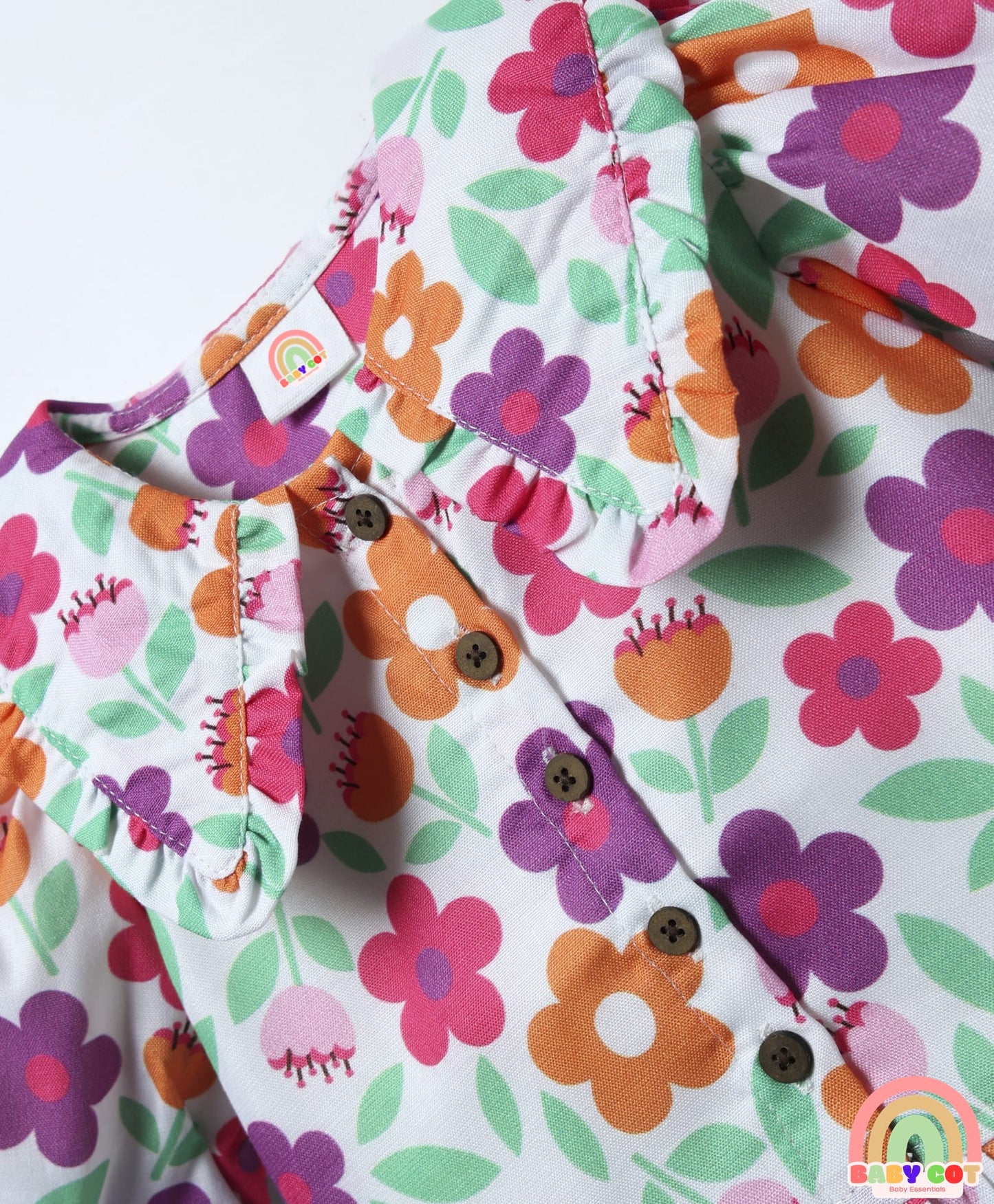 Woven Half Puffed Sleeves Peter Pan Collared Top with Floral Print - White