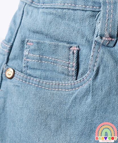 Mid Thigh Denim Washed Skirt With Stretch - Blue
