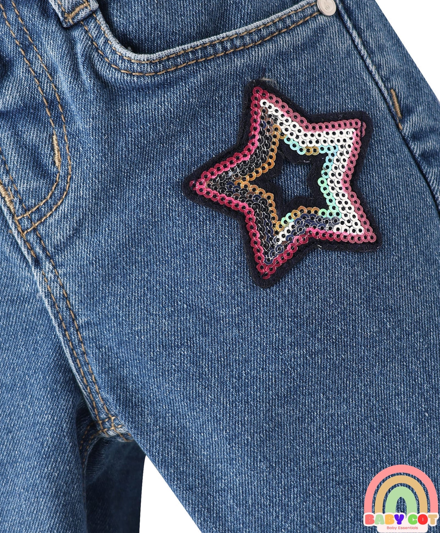 Full Length Washed Denim Jeans With Sequin Detailing & Stretch - Blue