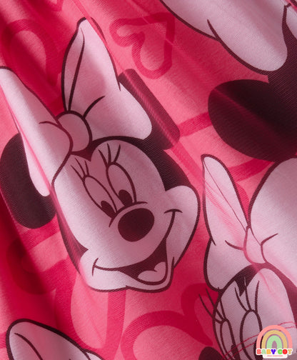 Single Jersey Knit Half Sleeves Frock With Minnie Mouse Graphics & Frill Detailing - Dark Pink