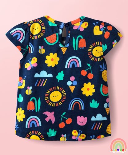 100% Cotton Knit Half Sleeves T-Shirts with Rainbow & Polka Dots Print Pack of 3 - Yellow Navy Blue & White