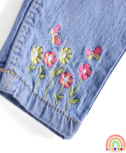Denim Full Length Washed Stretch Jeans With Floral Embroidery - Blue