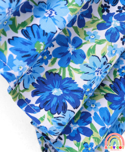 Rayon Woven Full Sleeves Top With Smocking & Floral Print - Blue