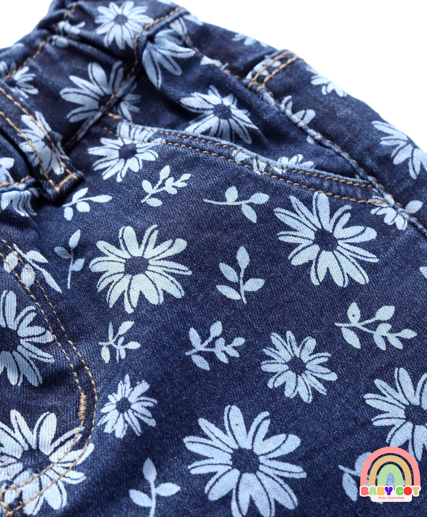 Denim Full Length Stretch Jeans With Floral Print - Blue