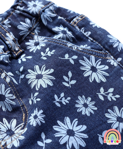 Denim Full Length Stretch Jeans With Floral Print - Blue