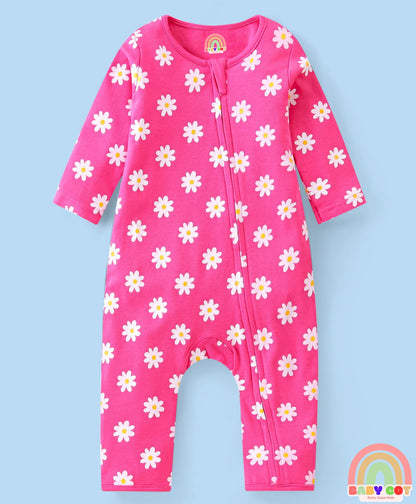 100% Cotton Knit Full Sleeves Floral Printed Romper Pack of 2 - Pink