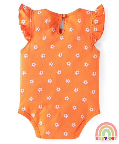 100% Cotton Knit Frill Sleeves Floral & Animal Printed Onesies Pack of 3 - Dark Pink Navy & Orange