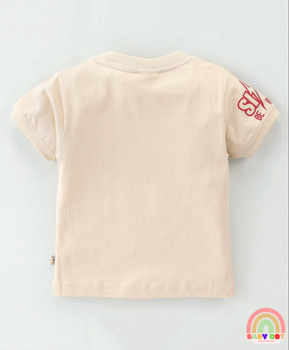 100% Cotton Knit Half Sleeves T-Shirt & Shorts With Text Print - Red & Beige