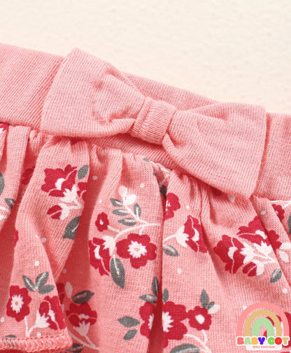 Knit Mid Thigh Floral Printed Skirt With Bow Applique - Pink