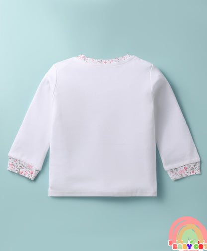 100% Cotton Knit Full Sleeves T-Shirt & Lounge Pant Set with Floral Print & Embroidery - White