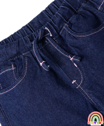 Full Length Washed Denim Jeans With Stretch - Navy Blue