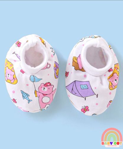 100% Cotton Cap Mittens & Booties with Beach Theme -Multicolour