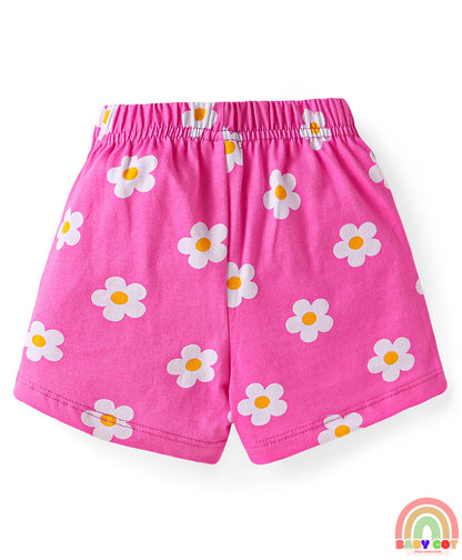 Cotton Knit Mid Thigh Strawberry & Floral Printed Shorts with Bow Applique Pack of 3 - Pink & Yellow