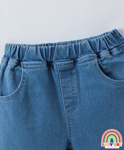 Full Length Washed Bootcut Denim Jeans with Bow Applique - Blue