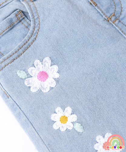 Denim Full Length Washed Jeans With Stretch & Floral Embroidery - Light Blue