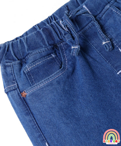Full Length Washed Denim Jeans With Stretch - Medium Blue