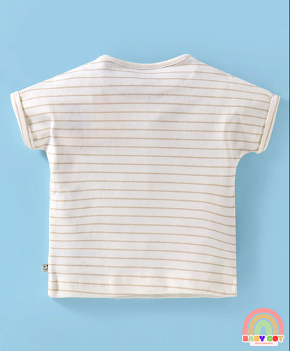 Interlock Knit Half Sleeves Striped T-Shirt & Shorts Set With Animal Print - Cream