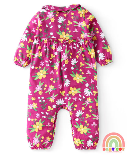 100 % Cotton Full Sleeves Romper with Bow Applique & Headband Floral Print - Red