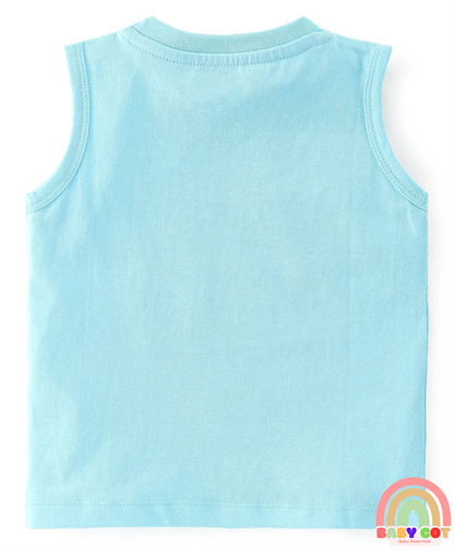 100% Cotton Knit Sleeveless T-Shirt With Striped & Jungle Theme Graphics Pack Of 3 - Orange Green & Blue