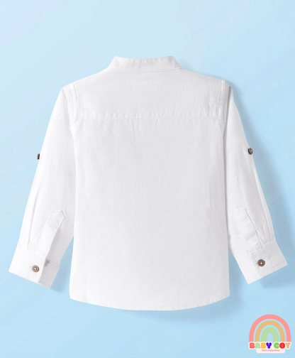 Cotton Woven Full Sleeves Mandarin Collar Solid Shirt with Kangaroo Pocket - White