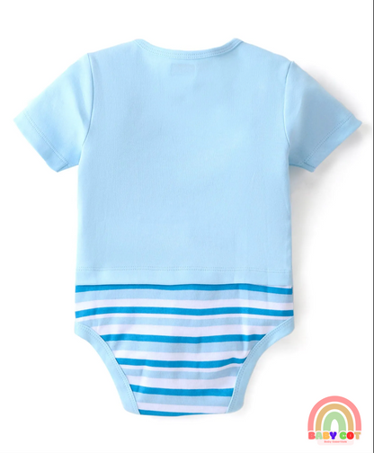 100% Cotton Knit Half Sleeves Onesies Stripes & Bear Print Pack Of 5 - Blue Yellow & White
