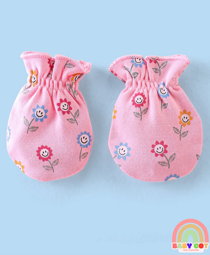 100% Cotton Knit Cap Mittens & Booties Set with Floral Print - Pink