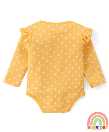 100% Cotton Knit Full Sleeves Onesies with Polka Dots Floral Print & Frill Detailing Pack of 3 - Yellow Pink & White