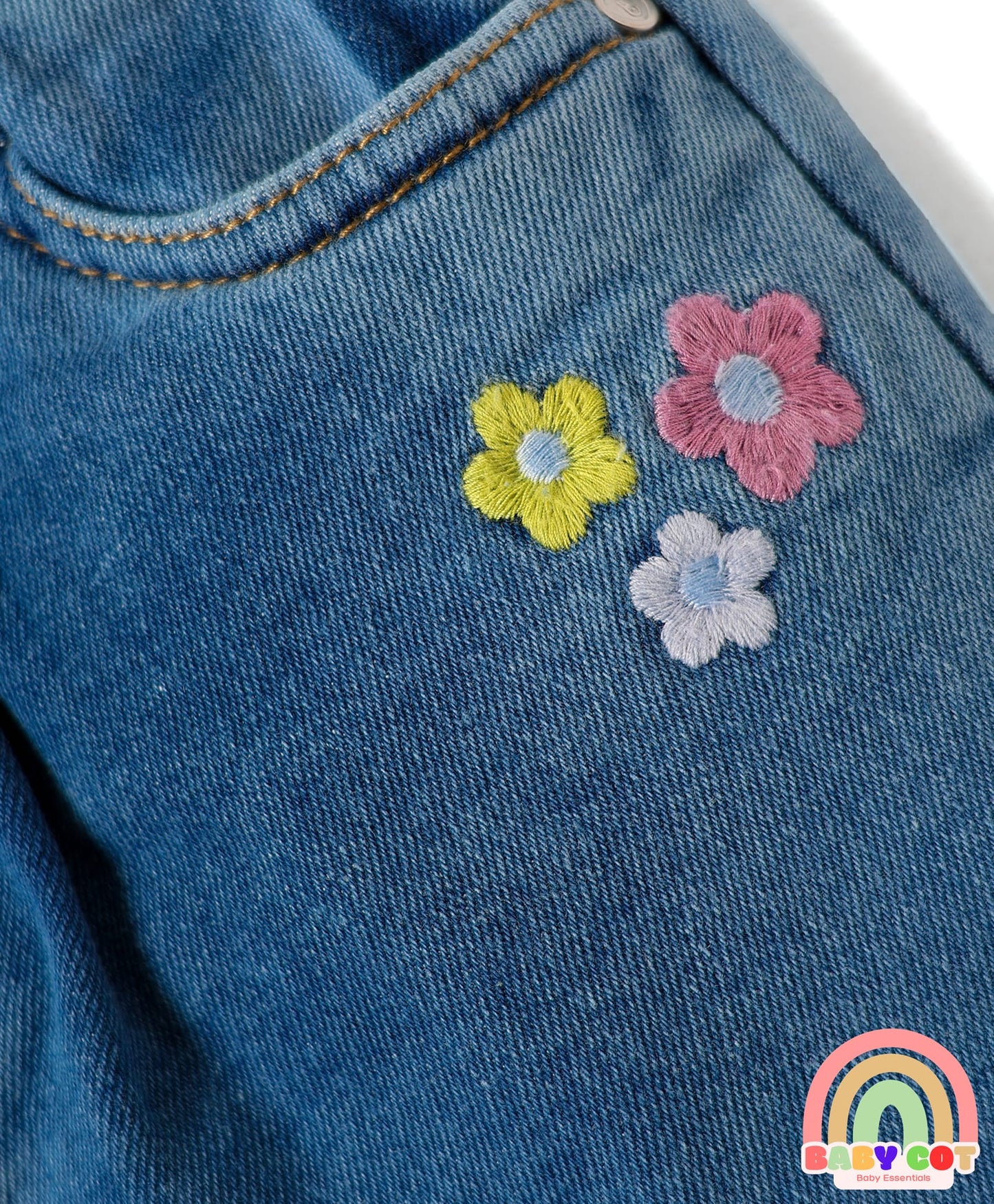 Mid Thigh Denim Skirt with Floral Embroidery - Blue