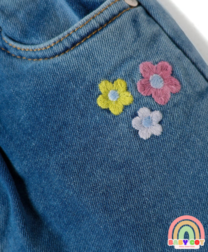 Mid Thigh Denim Skirt with Floral Embroidery - Blue