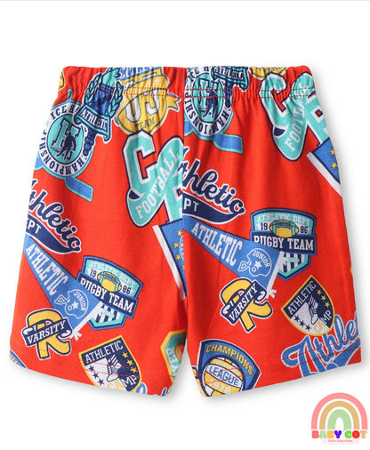 Single Jersey Knit Mid Thigh Shorts With Text Print Pack of 3 - Red Light & Navy Blue