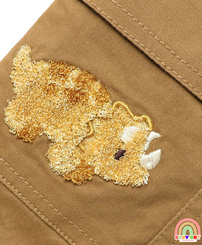 Twill Lycra Woven Full Length Trousers with Little Dino Embroidery - Brown