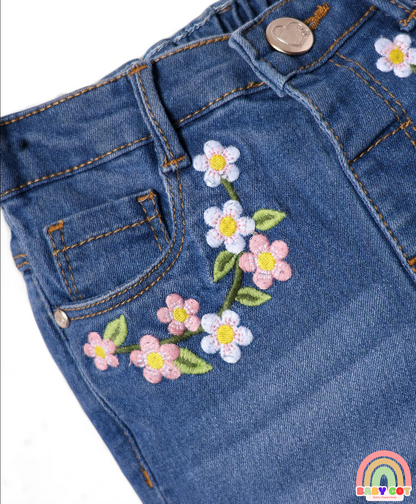 Full Length Washed Denim Jeans with Stretch & Floral Embroidery - Blue