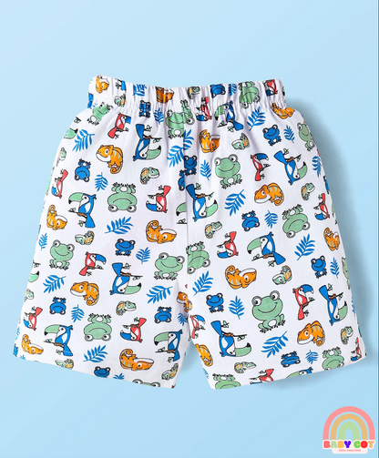 Cotton Knit Mid Thigh Length Shorts with Stripes & Frog Print Pack of 3 - White & Yellow