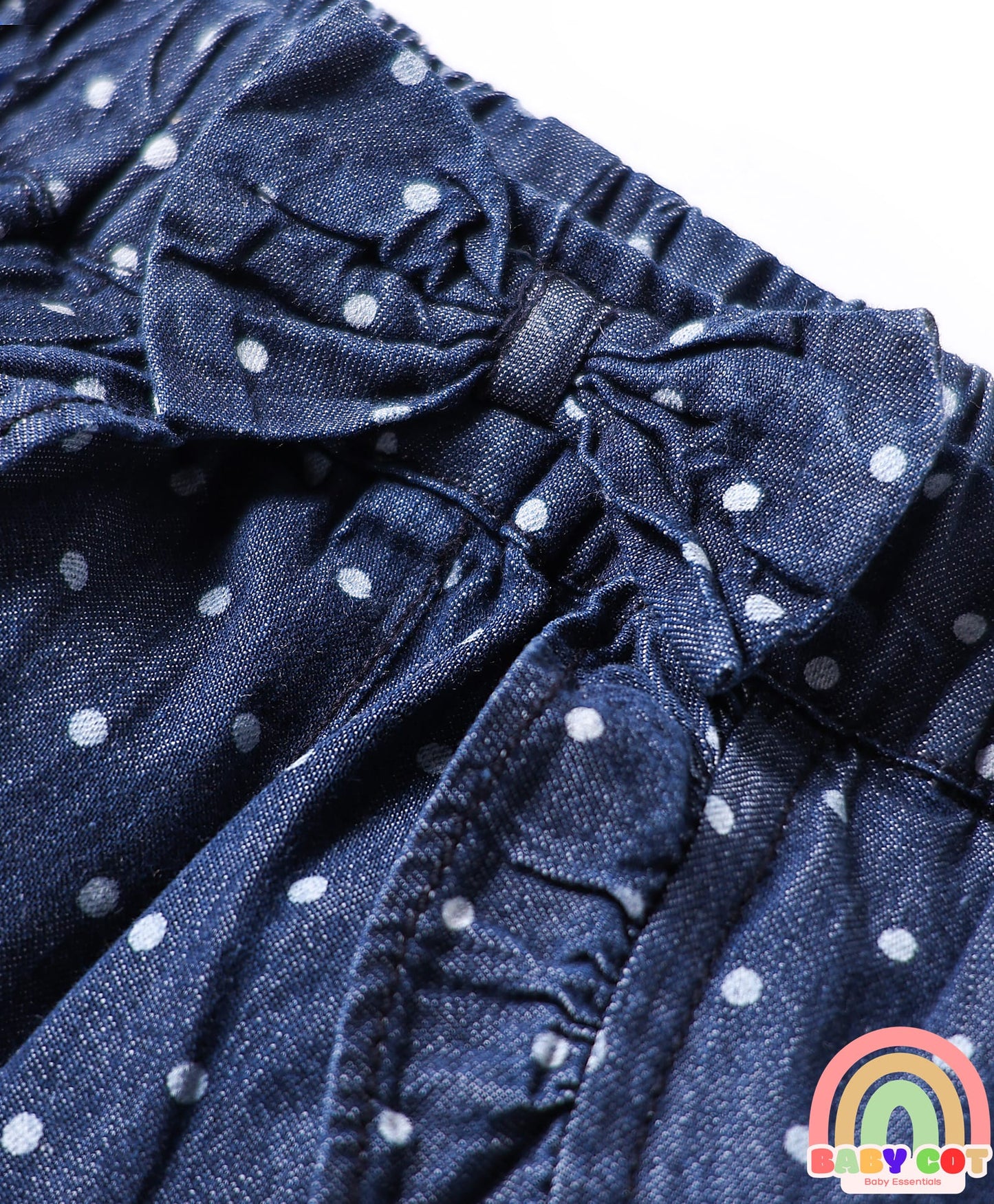 100% Cotton Woven Skorts with Frill Design & Bow Applique Polka Dots Print - Navy