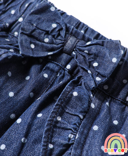 100% Cotton Woven Skorts with Frill Design & Bow Applique Polka Dots Print - Navy