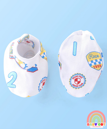 100% Cotton Knit Cap Mittens & Booties Set with Number Print - White