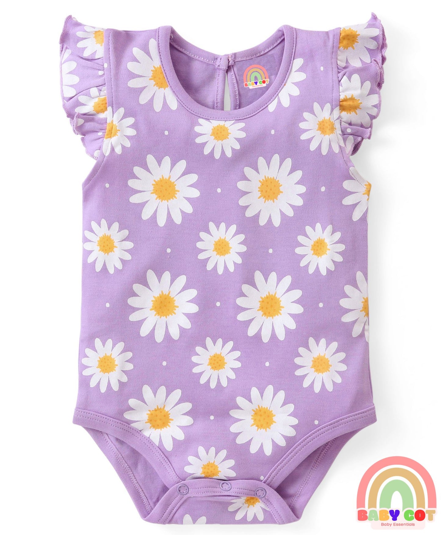 100% Cotton Knit Frill Sleeves Onesies with Floral & Polka Dots Print Pack of 3 - Pink Yellow & Purple
