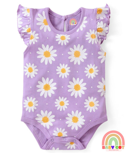 100% Cotton Knit Frill Sleeves Onesies with Floral & Polka Dots Print Pack of 3 - Pink Yellow & Purple