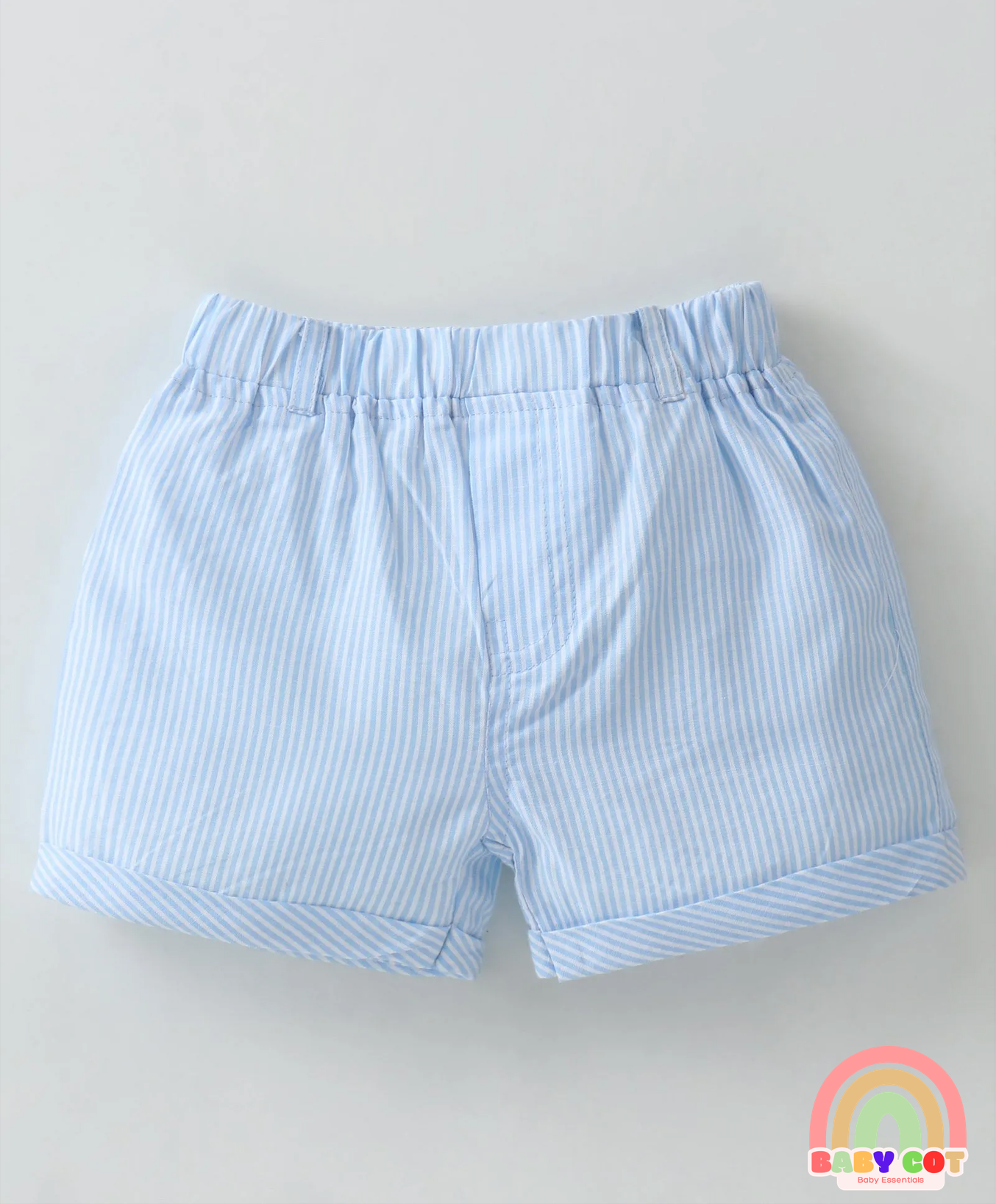 100% Cotton Knit Half Sleeves Polo T-Shirt & Woven Striped Shorts Set With Bicycle Print - Light Yellow & Sky Blue