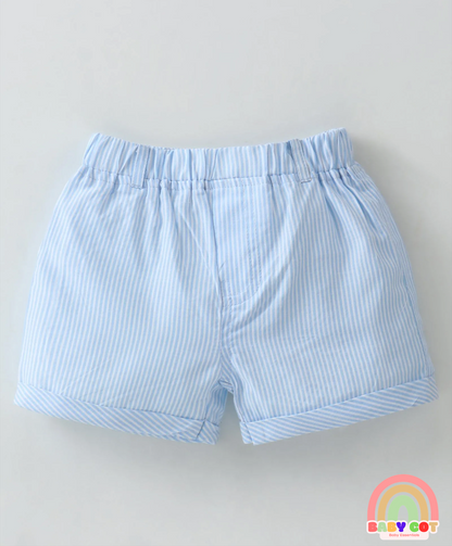 100% Cotton Knit Half Sleeves Polo T-Shirt & Woven Striped Shorts Set With Bicycle Print - Light Yellow & Sky Blue