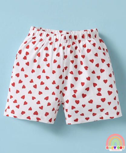 Single Jersey Knit Knee Length Shorts With Hearts & Floral Print Pack Of 3 - Red Pink & White
