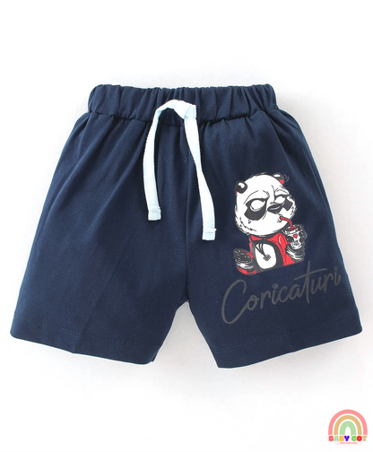 100% Cotton Knit Half Sleeves T-Shirt & Shorts With Panda Print - Navy Blue