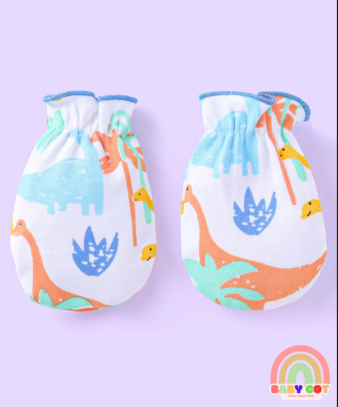 100% Cotton Knit Cap Mittens & Booties with Dino Print - White & Blue