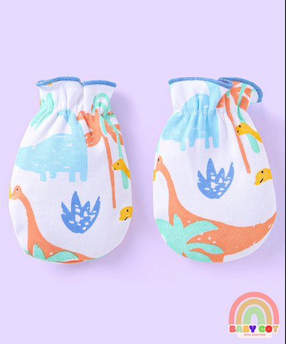 100% Cotton Knit Cap Mittens & Booties with Dino Print - White & Blue