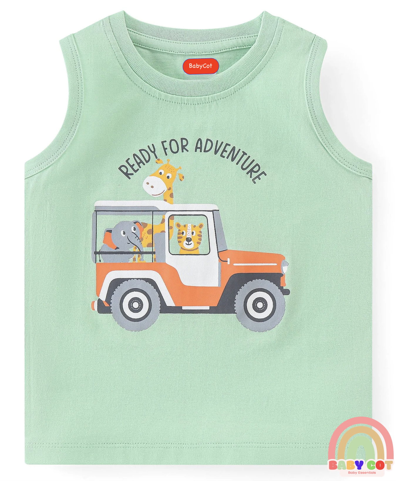 100% Cotton Knit Sleeveless T-Shirt With Striped & Jungle Theme Graphics Pack Of 3 - Orange Green & Blue
