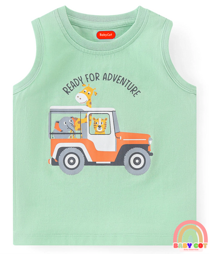 100% Cotton Knit Sleeveless T-Shirt With Striped & Jungle Theme Graphics Pack Of 3 - Orange Green & Blue