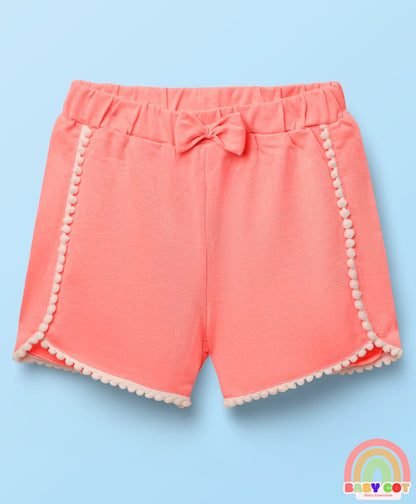 Cotton Sleeveless Printed Top & Shorts Set with Bow Applique - White & Pink