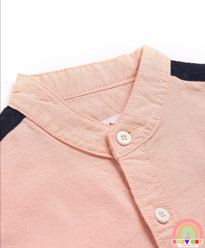 Cotton Woven Half Sleeves Solid Color Shirt With Mandarin Collar Text Embroidered - Light Peach