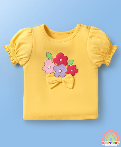 100% Cotton Knit With Eco Jiva Finish Half Puffed Sleeves T-Shirts with Floral Print & Bow Applique Pack of 2 - Yellow & Pink